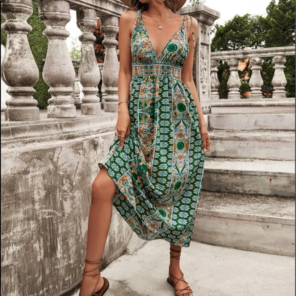Boho Floral Paisley Print Smocked Waist Cami Dress GREEN - Picture 3 of 4